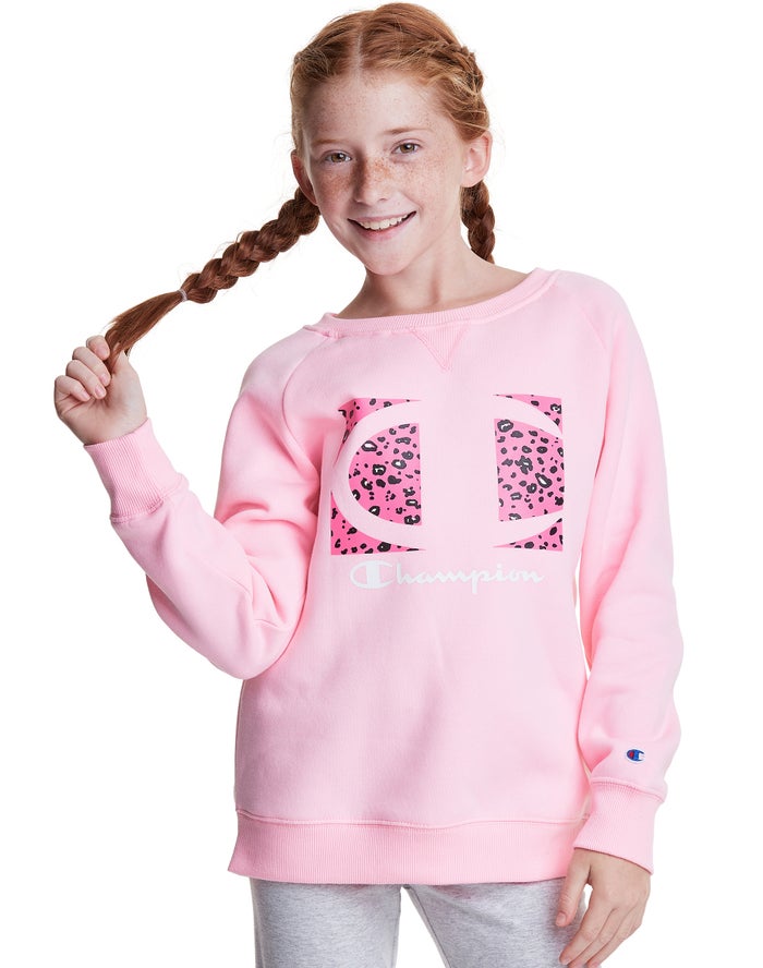 Champion Pige Hættetrøje Lyserød - Fleece Raglan Crew Leopard Knockout Logo - Danmark AIN-843571